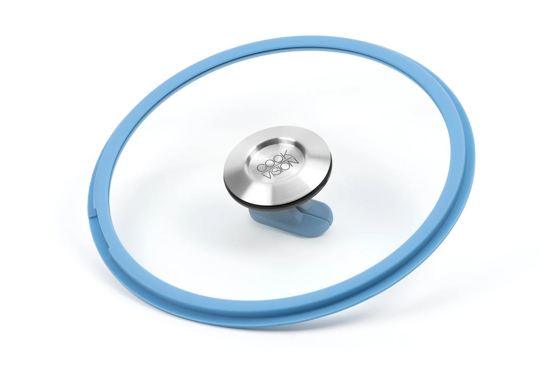 Glass lid with blue silicone rim and silver handle on a white background