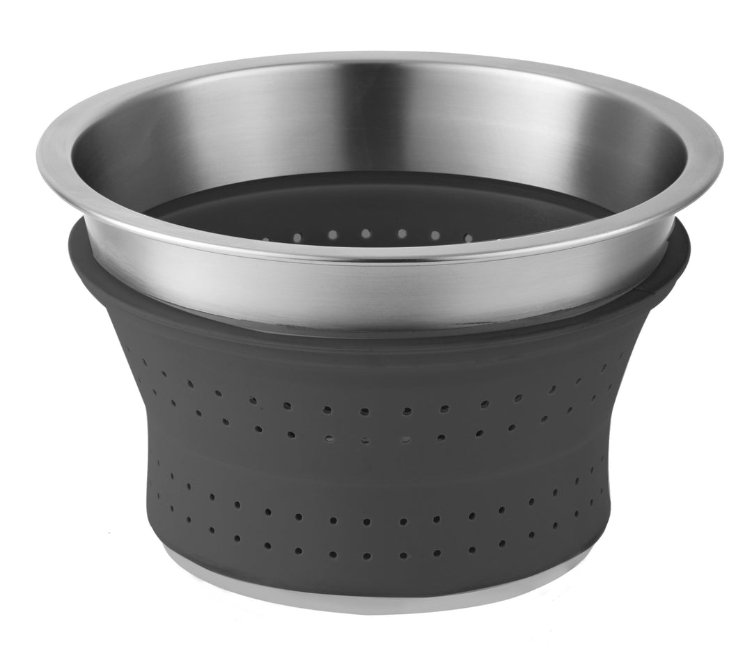 Stainless steel and black silicone colander on a white background