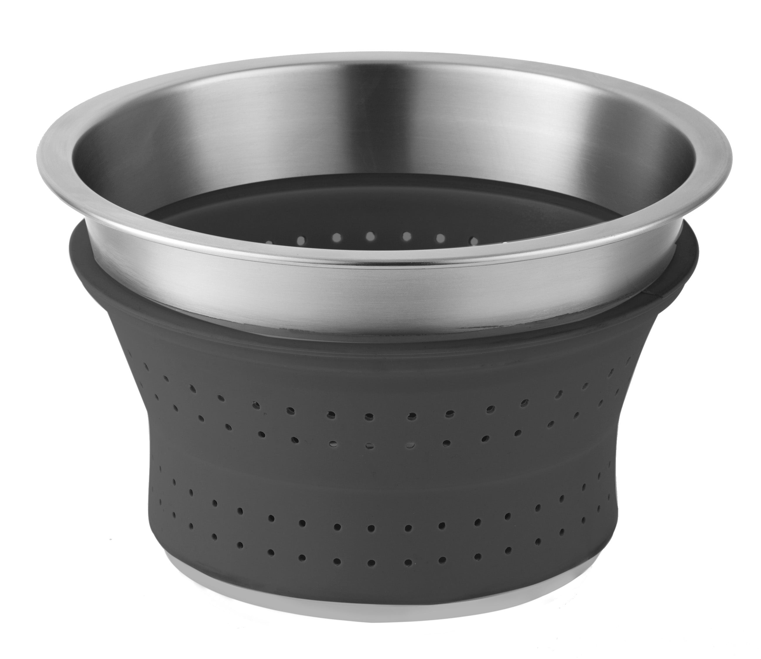 Stainless steel and black silicone colander on a white background