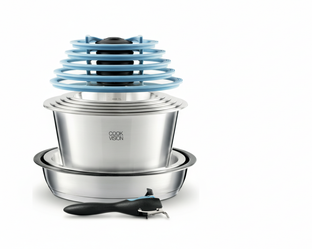Stainless steel kitchen cookware with blue accents on a white background